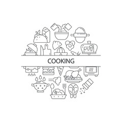 Fototapete - Food cooking abstract linear concept layout with headline. Serve dish in restaurant. Culinary minimalistic idea. Thin line graphic drawings. Isolated vector contour icons for background