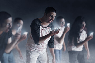 Wall Mural - Group of zombie using smartphone