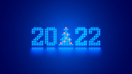 New Year digits 2022 and Christmas tree in tech style. 20 22 consist of 8 bit neon dots or pixels on blue background. 2022 New Year card of digital technology industry. Xmas holiday computer banner.