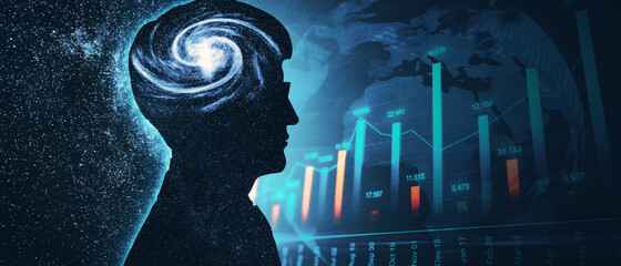 Poster - Abstract dark man head space outline with forex chart. Brainstorm and trade concept.