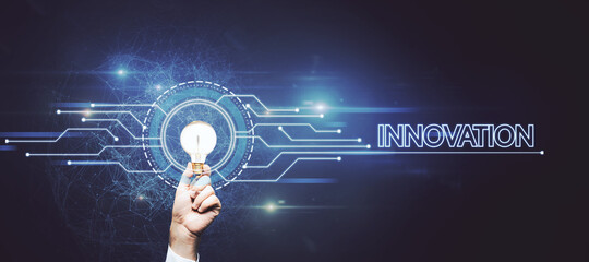 Poster - Female hand holding glowing light bulb with creative glowing digital hud interface background with circuit and polygonal mesh network. Innovation, future and artificial intelligence concept.