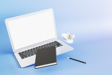 Aufkleber - Close up of abstract desktop with empty white laptop computer screen, notepad, coffee cup and other supplies on blue background. Mock up, 3D Rendering.