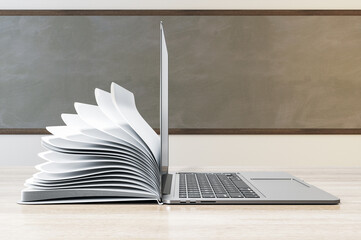 Aufkleber - Side view of laptop and notepad put back to back on classroom desktop with chalkboard background. Online education and webinar concept. 3D Rendering.