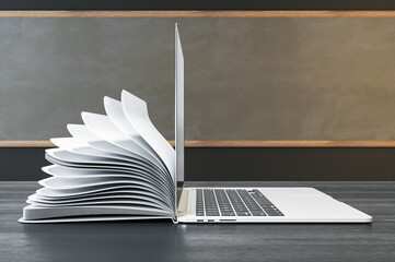 Poster - Side view of notepad and notepad put back to back on classroom desktop with chalkboard background. Online education and webinar concept. 3D Rendering.