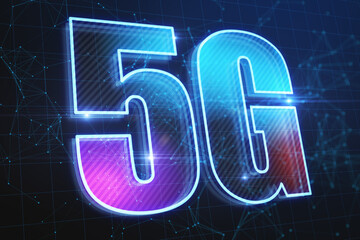 Poster - Abstract glowing 5G hologram on dark blue background. Wireless infomation and future technology concept. 3D Rendering.