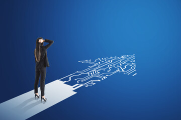 Poster - Businesswoman standing on abstract circuit arrow sketch on blue background with mock up place. Success and digital transformation concept.