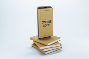Poster - Creative e-book concept image with cellphone and stacked books on white background. Online learning and library concept. 3D Rendering.