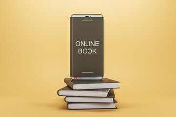 Poster - Creative e-book concept image with smartphone and stacked books on peach background. Online learning and library concept. 3D Rendering.