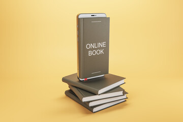 Poster - Creative e-book concept image with mobile phone and stacked books on peach background. Online learning and library concept. 3D Rendering.