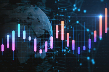 Poster - Creative glowing business graph and map on dark background. Global investment and profit concept. Double exposure. 3D Rendering.