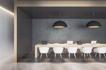 Poster - Minimalistic coworking office interior with black tile partition, equipment, furniture and daylight. 3D Rendering.