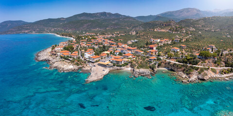 Wall Mural - aerial panoramic view to the idyllic town of kardamili, messenia, peloponnese, greece