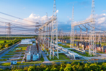 Aerial view of a high voltage substation.