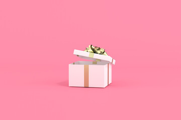 Poster - 3D rendering of white gift box with golden ribbon on pink background.