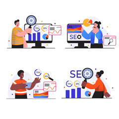 Poster - Seo analysis concept scenes set. People research and analyze site data, optimize search results, promote sites, develop successful online strategy. Vector illustration collection in trendy flat design