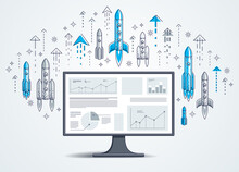 Startup Rockets Take Off Over Computer Monitor, Space Rockets Flying Start Up Internet Business Concept, Online Finance, Marketplace Or Shop, Vector Illustration.