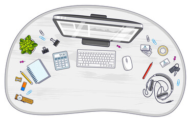 Fototapete - Work desk workspace top view with PC computer and a lot of different stationery objects on table with copy space for text. All elements are easy to use separately or recompose illustration. Vector.