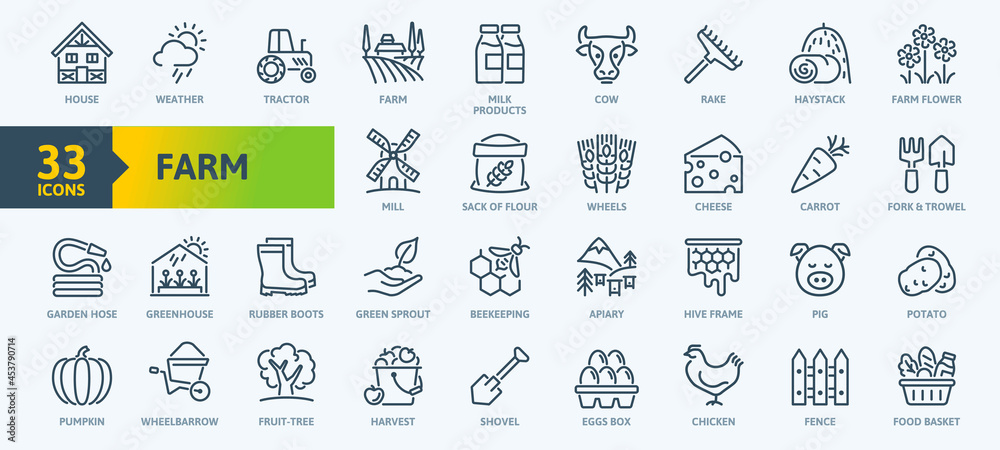 Farm, Farming, Agriculture - thin line web icon set. Contains such Icons as Greenhouse, Haystack, Harvest and more. Outline icons collection. Simple vector illustration. - obrazy, fototapety, plakaty 