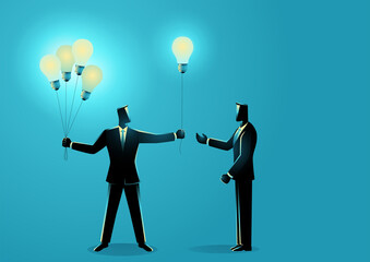 Businessman sharing knowledge to another businessman symbolize by light bulb balloon