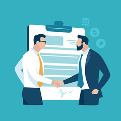 Contract. Cooperation. Signing project. Business people shaking hand in front of a signed contract. Set of business vector illustration.