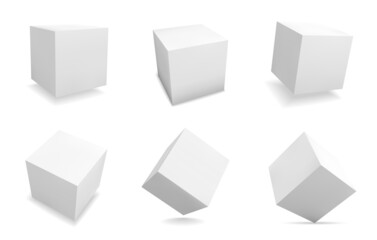 White 3D cubes. Realistic square shapes. Isolated abstract geometric blank figures set with shadow. View from different sides on box packaging template. Vector cubic forms collection