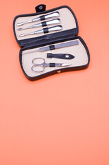 Sticker - Black leather manicure set bag with copy space at the bottom