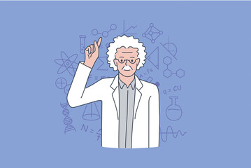 Scientist and physicist practitioner concept. Old grey haired man scientist standing showing finger up over symbols over background vector illustration 