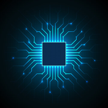 Abstract processor, computer digital chip, printed circuit board. Artificial intelligence. Dark blue technology background, template, design element for web banner, poster. Vector cyber graphics