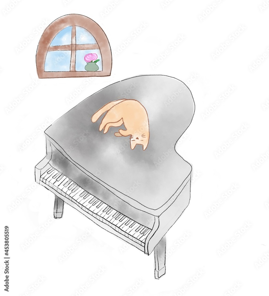 グランドピアノと寝ている猫のイラスト Stock Illustration
