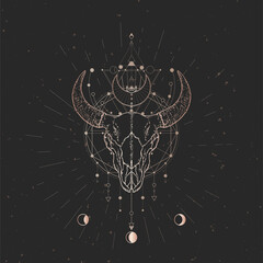 Wall Mural - Vector illustration with hand drawn Bull skull and Sacred geometric symbol on black vintage background. Abstract mystic sign.