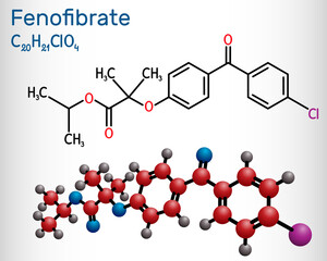 Sticker - Fenofibrate molecule. It is drug, used to lower cholesterol levels in patients at risk of cardiovascular disease. Structural chemical formula and molecule model