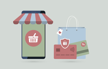 Poster - online shopping - mobile m-commerce concept. smartphone with a online shopping cart of an online sto