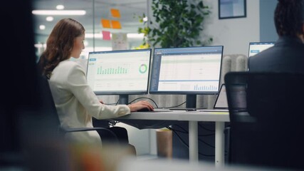 Aufkleber - Young Confident Businesswoman Using Desktop Computer in Modern Office with Colleagues. Stylish Beautiful Manager Working on Commercial, Financial and Marketing Projects. Specialist in Diverse Team.