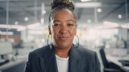 Poster - Portrait of African American Female Manager Talking with Clients on Video Call in Modern Office. Business Conference Call on Computer with Partners, Colleagues, Family or Friends. POV View.