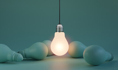 Wall Mural - One of Lightbulb glowing among shutdown light bulb in dark area with copy space for creative thinking , problem solving solution and outstanding concept by 3d rendering technique.