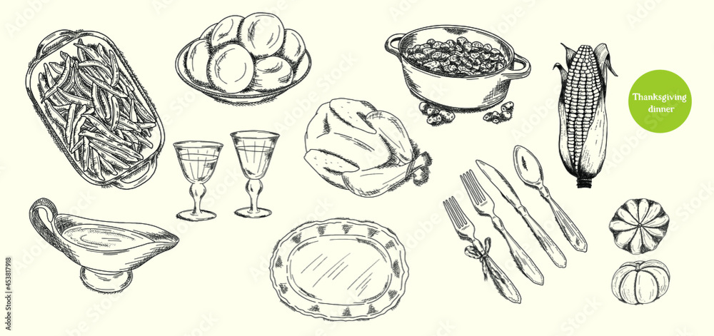 Thanksgiving dinner, view. Food vector illustrations for tradition ...
