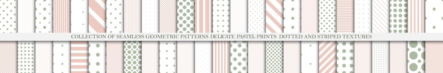 Collection of vector geometric seamless patterns. Simple dotted and striped textures, endless minimalistic backgrounds. Delicate textile prints
