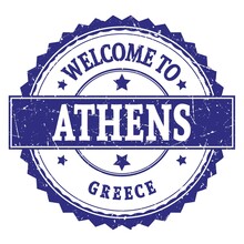 WELCOME TO ATHENS - GREECE, Words Written On Dark Blue Stamp
