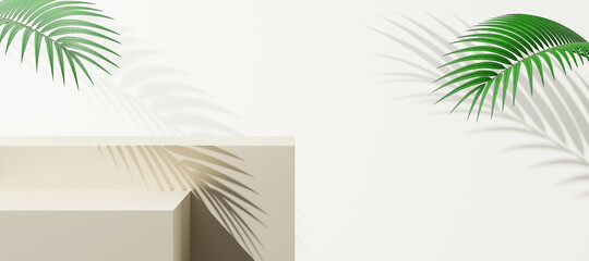 Wall Mural - Empty cream cube podium floating with shadow palm leaves on white copy space background. Abstract minimal studio geometric shape. Monotone pedestal mockup space for display product design. 3d render.