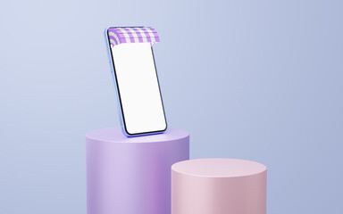 Wall Mural - Purple mobile phone with awning on cylinder podium floating on white background. Minimal studio 3d. ​Monotone pedestal mockup space for display of app. smartphone with blank white screen. 3d rendering