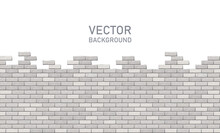 Broken Gray Brick Wall On A White Background With Copy Space For Any Text, Horizontal View. Vector Illustration Of Destroyed Brick Wall