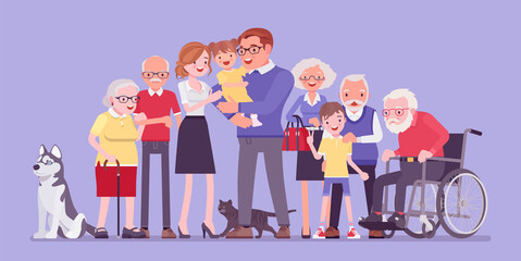 Wall Mural - Multigenerational family, common household, people living together in support, care. Four generation portrait, parents, grandparents, great-grandparent, children together pets. Vector illustration