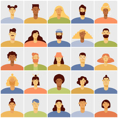 Poster - Set of people avatars. Portraits of diverse cartoon men and women. Characters with different hairstyles, skin colors and ethnicities. Colored flat vector illustration isolated on white background