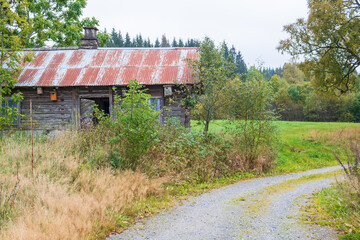 Wall Mural - Dirt road in the countryside with an old log house