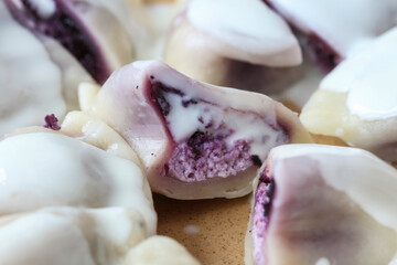 Poster - Sweet dumplings with purple fruits and cottage cheese.