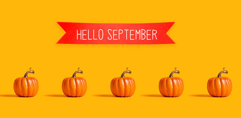 Wall Mural - Hello September with orange pumpkin lanterns