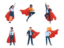 Super Businessmen Characters. Men And Women Heroes In Different Poses, Flying, Standing Business People, Fluttering Capes. Vector Set
