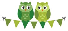 Cute Green Owls Sitting On Bunting Flags. Vector St. Patrick Owls