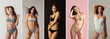 Collage of portraits of young beautiful slim tanned women in lingerie posing isolated over studio background. Natural beauty concept.
