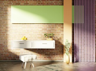 Wall Mural - Interior with a morning sunlight. Brick wall and white table. Wooden floor. 3D rendering.